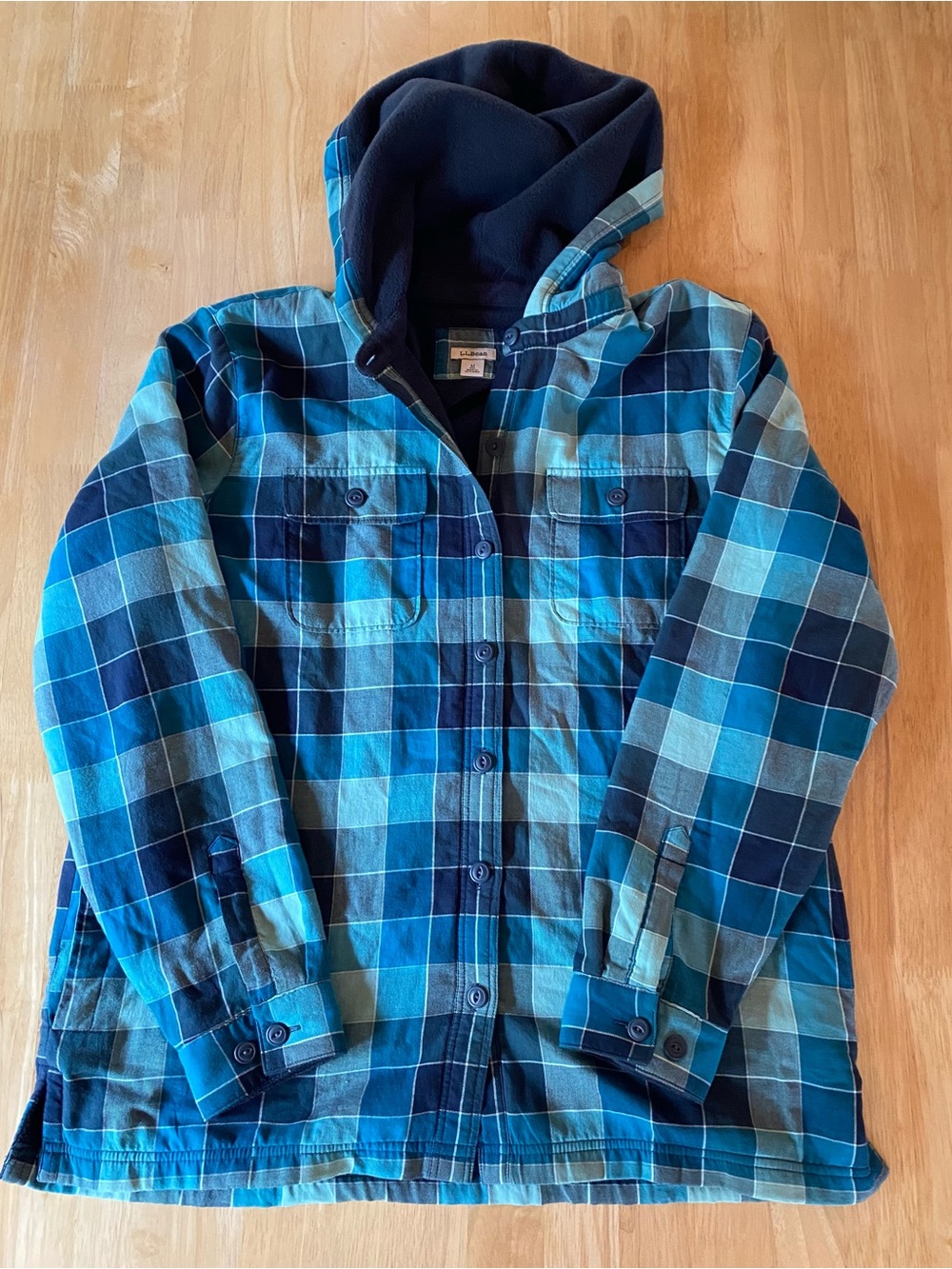 L.L. Bean Hooded Fleece Lined Flannel Jacket Blue Plaid Women’s Medium
